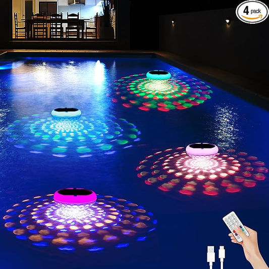 Solar Floating Pool Lights(4 PCS), USB Rechargeable Pool Lights, 2600mAh 6.7" IP68 Waterproof Pool Lights that Float with Remote, RGB 13 Colors Upper and Lower Glow Hangable Floating Light