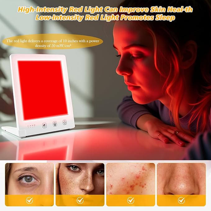 Sun Light Therapy Lamp with Red Light - 10000 Lux LED Sun Light Therapy Lamp for Face, Improving Mood, Energy, Sleep & Skin Care, with 4 Light Modes & 5 Brightness Levels, Timer, UV-Free