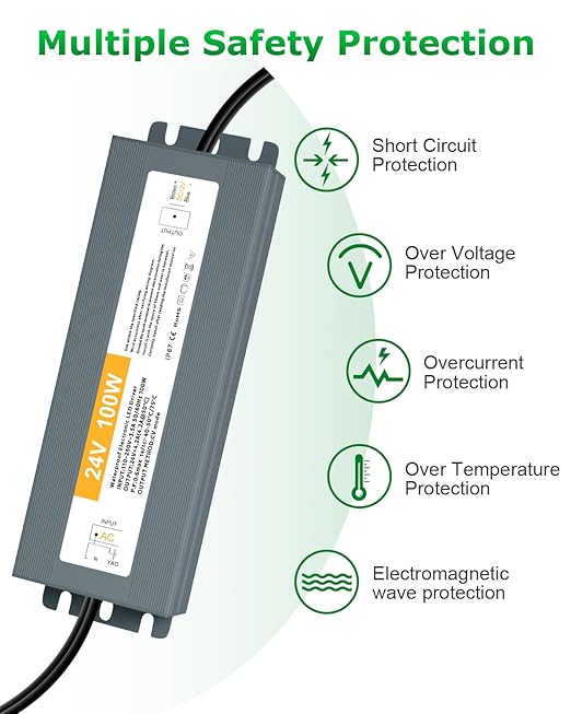 10.8FT LED Power Supply 24V LED Driver 100W 110V-240V AC to DC 24V Low Voltage Transformer Ultra Thin 24Volt Power Supply Adapter with 3-Prong Plug IP68 Waterproof for Outdoor LED Light Monitor