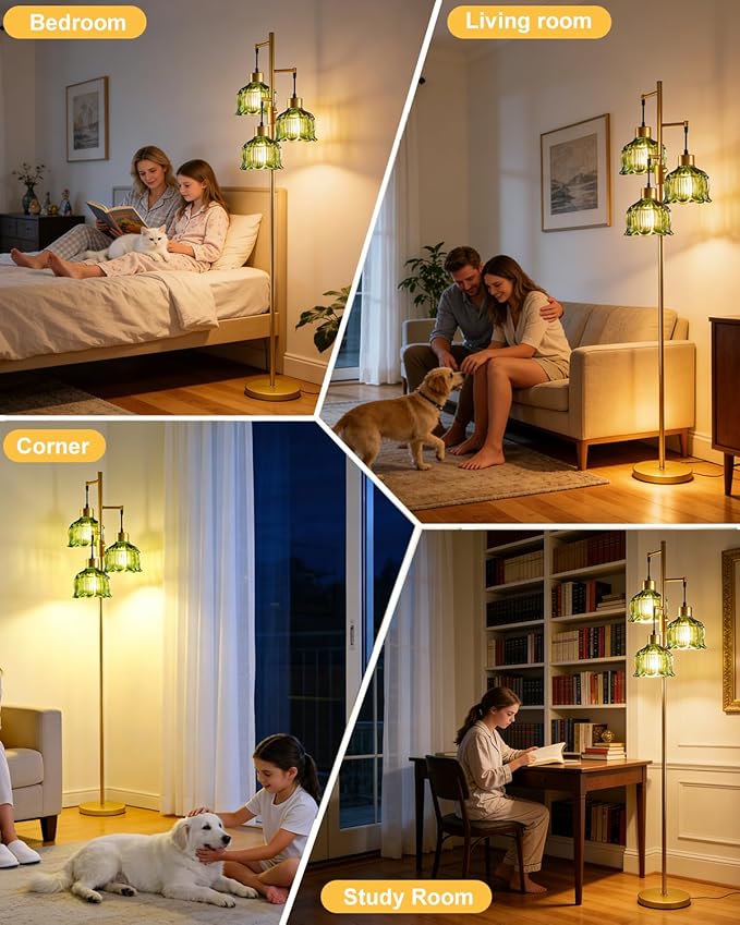 Lightdot 3-Light Floral Floor Lamp 65'' Dimmable Floor Flower Lamp with Green Glass Shade& E12 Bulbs Included, Mid Century Standing Tall Lamp for Living Room/Bedroom/Sofa Beside-Gold