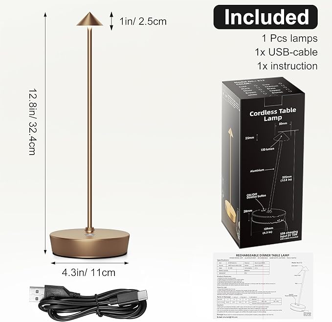 Cordless Battery Powered Table Lamp, Rechargeable LED Dimmable Brightness Metal 6000mAh Touch Desk Lamp Portable Modern Design for Restaurant Patio Indoor & Outdoor (Titanium 2 Pack)