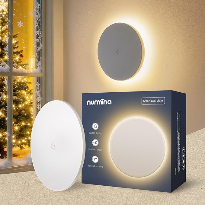 Indoor Backlit Wall Sconce, Dusk to Dawn Motion Sensor Wireless Adjustable Brightness 2000mAh Rechargeable Night Light, White