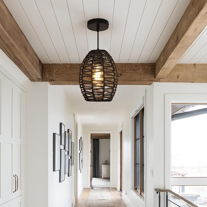 DELIPOP Pendant Light, Hand-Woven Rattan Chandelier, Boho Hanging Light with Adjustable Cord 4.9ft for Living Room, Dining Room, Kitchen, Bedroom (Black)