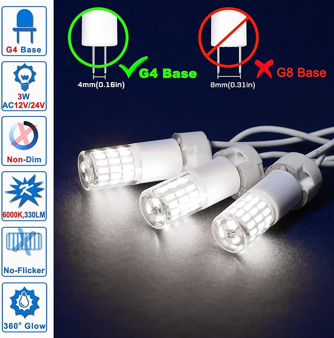 G4 T3 3W Daylight 6000K LED Outdoor Landscape Light Bulbs 12V24V,G4 20W 25W 30W Halogen Replacement,Low Voltage T3 JC Bi-pin Bulb for RV Boat Yacht Courtyard Path,No Flicker,330 LM(10Pack)