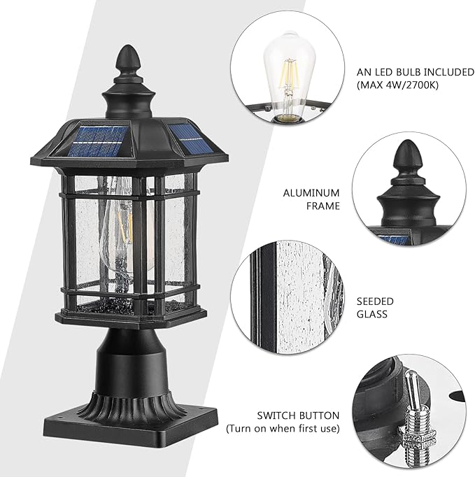 Emliviar 16 Inch Outdoor Solar Post Light, Dusk to Dawn Pier Mount Lamp Post Light with Remote Control, Black Finish with Seeded Glass Shade, A2202110P1-SL BK