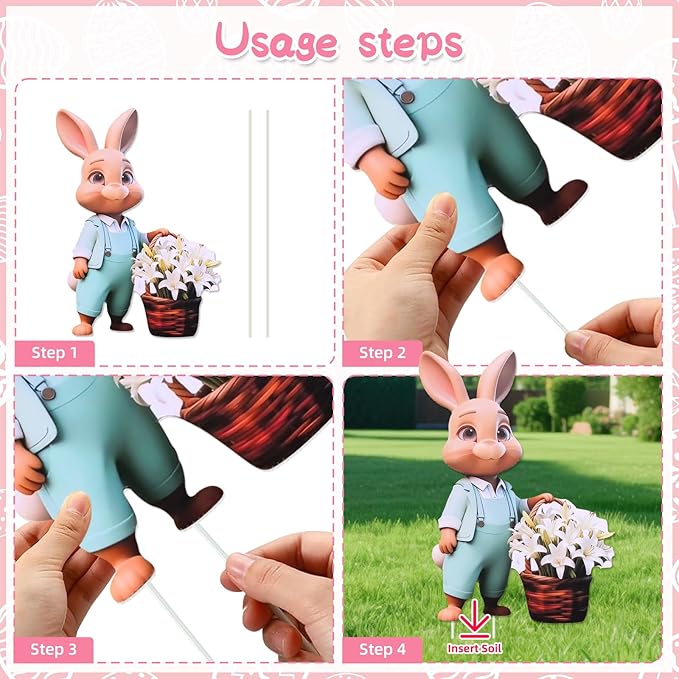 Outdoor Easter Decorations with 393.7 Inch LED Light for Home Bunny Porch, Plastic Easter Outdoor Bunny Yard Decorations, 6 Pcs, 13.78 x 9.45 In