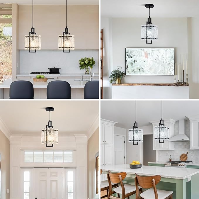 Pendant Lights Kitchen Island,Black Pendant Light Fixtures with Water Ripple Glass, Modern Pendant Lighting for Dining Room