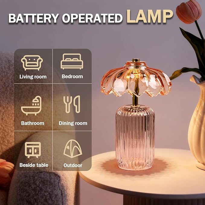 MJ PREMIER Cordless Lamp, Battery Operated Lamp with Timer, Crystal Glass Flower Lampshade, Small Table Lamps, Decorative Led Light for Bedroom Living Room Shelf (S-Pink)