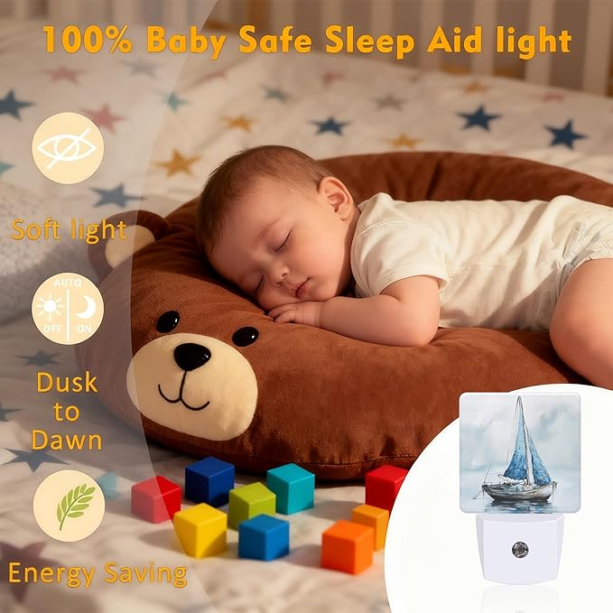 Blue Sailboat in Harbor Night Light for Kids, Dusk-to-Dawn Auto Sensor Plug in Night Light, 0.5W Energy Saving Non-Toxic Design for Bedroom/Bathroom, Ideal Gifts for Women, Men & Kids