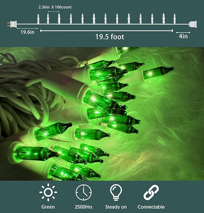 HISHINY Green Christmas Lights 100 Count St. Patrick's Day Decorations String Lights with White Wire for Outdoor Indoor Christmas,Wedding Decorations Halloween Decor,UL Certified (21feet)