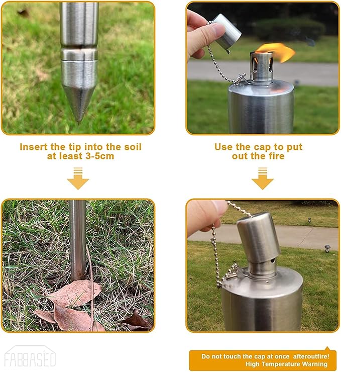 FAB BASED 55 Inch Outdoor Oil Torch Lamp–4 Pieces Rustproof Stainless Steel Citronella Torches, 11.16 oz, Includes Funnel & Fiberglass Wicks for Patio Garden Backyard (Ecru)