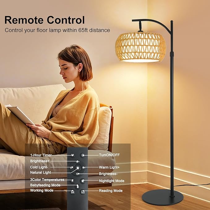 Boho Rattan Floor Lamp with Shade – 12W Bright Dimmable LED Bulb, Remote Control 3 Color Temperatures, Modern Farmhouse Handwoven Arc Standing Light for Living Room Bedroom