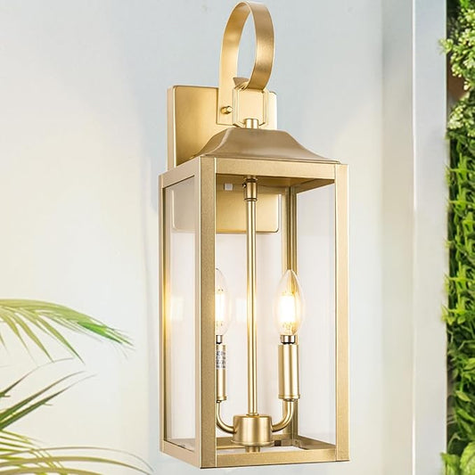 19" Gold Outdoor Wall Lantern 2-Light, Large Modern Wall Sconce Light Fixture, Industrial Porch Light with Glass, Waterproof Farmhouse Exterior Lamp (1 Pack)