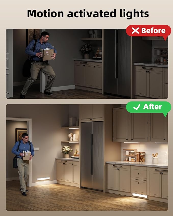 10inch Under Cabinet Lighting, 6-Pack Rechargeable Motion Sensor Light Indoor, Magnetic Closet Lights, Dimmable & 3 Color Temps, Wireless Under Counter Lights for Kitchen, Stairs