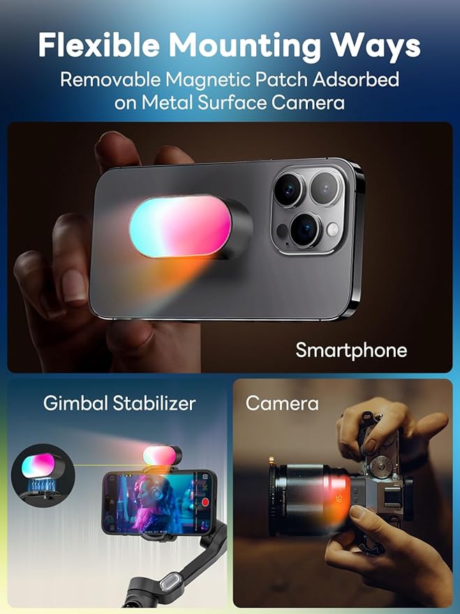 AOCHUAN Magnetic RGB LED Fill Light,7 Colors, 3 Brightness Levels, 180 Mins Standby, Gradient & Flash Modes, Portable Lighting for AOCHUAN Gimbal, Photography, Vlogging, Live Streaming