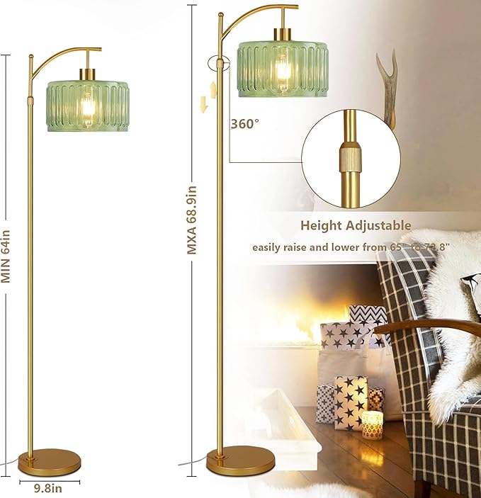 Glass Floor Lamp for Living Room,Bedroom,Gold Mid Century Modern Standing Lamp with Remote,Dimmable Brass Tall Lamp Vintage Retro Green Arc Flower Floor Light Boho Bohemian