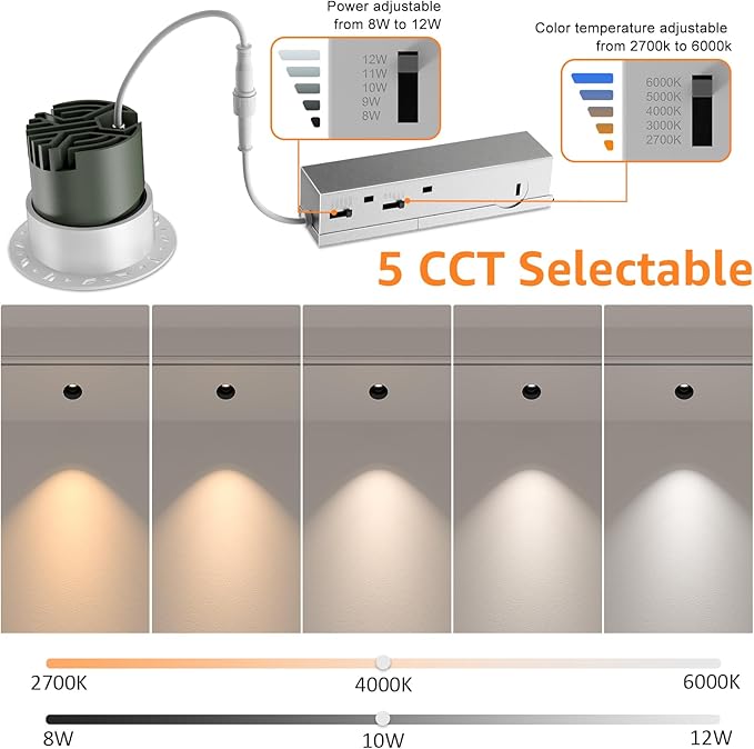 LED Round Recessed Lighting, 10W Adjustable Canless Downlight, Aluminum Recessed Ceiling Light with junction Box, 5 CCT 2700K-6000K, Rotation Spotlight for Living Room Bedroom Hallway Kitchen