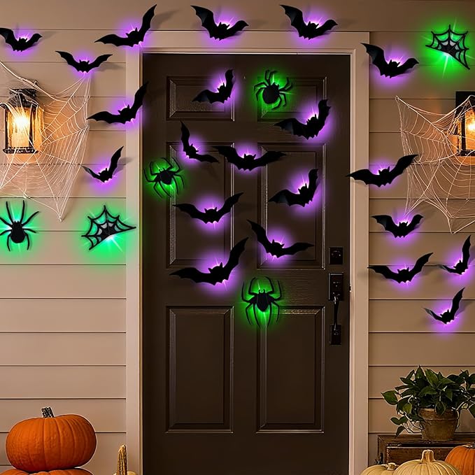 36 Pcs Halloween Bat Wall Decor with LED Lights, 3D Glowing Bat Stickers, Wall Decorations Indoor/Outdoor, LED Halloween Lights Stickers (36 Pcs Bat)