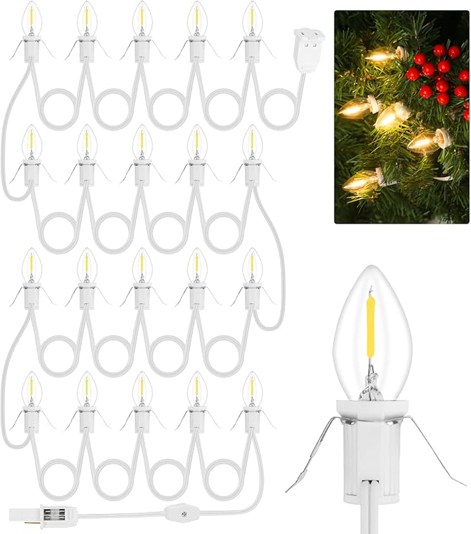 1Pack Accessory Cord with 20LED Light Bulbs and Outlet, Christmas Village Light 32.4FT String lights Cord 2Fuse C7/E12 Base Christmas Village Accessories for Halloween Christmas Village Houses