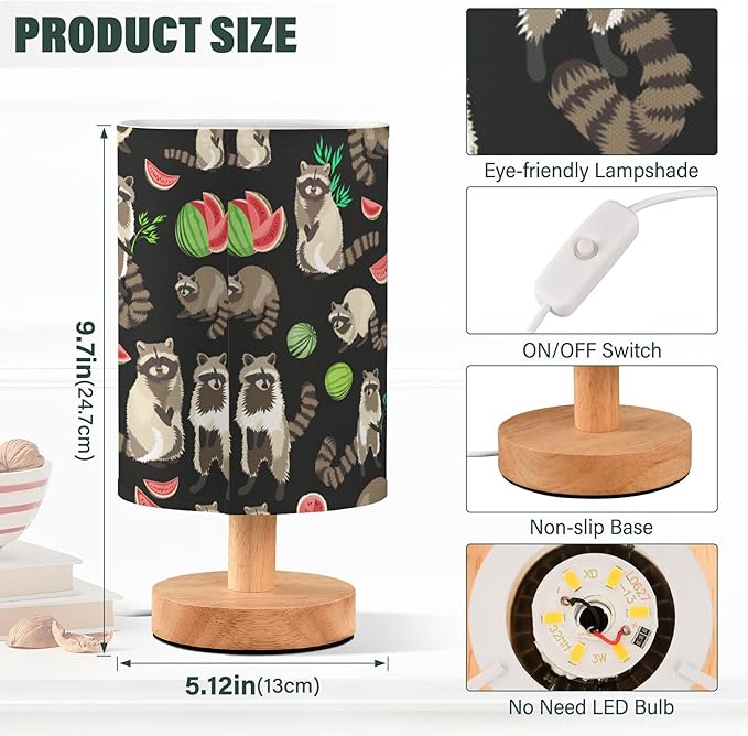 Table Lamp Cute Raccoons Watermelon Pattern Nightstand Lamp with Wood Base Fabric Lamp Shade Bedside Desk Lamp for Living Room Bedroom Kids Room Office