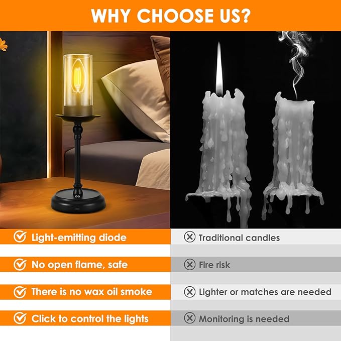 Houkiper LED Candle Table Lamp, 12.6inch Tall Vintage Desk Light with Clear Shade, 3000k Warm Light, Dimmable Night Light for Living Room, Bedroom, Office (Adapter Not Included)