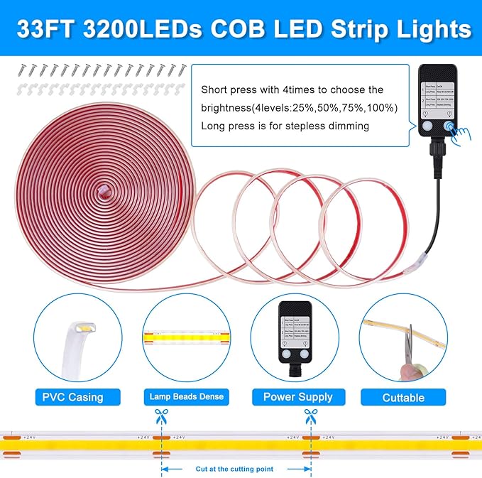 OMIKA 33FT Super Bright 3200LEDs COB LED Strip Lights Outdoor Waterproof, 6000K Cool White Plug in Rope Light Tape Light Flexible with Self-Adhesive Timer Dimmable for House Garden Camping DIY