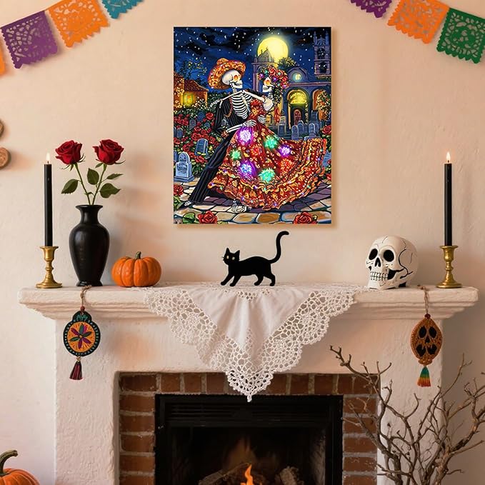 Artiluxy Ghost Bride Skeleton Couple Dance LED Wall Art - 16x20 Inch Day of the Dead Decor with RGB Color Changing Lights & Auto Timer, Vertical Hanging Gifts for Halloween