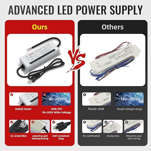 12 Volt LED Driver 150 Watts Waterproof IP68 Power Supply Low Voltage Transformer Adapter 90-265V AC to 12V DC 12.5A Converter for LED Strip, Indoor Outdoor Lighting Built-in Active PFC Function