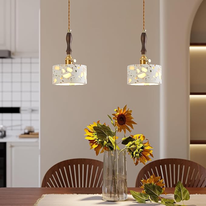 Modern terrazzo Pendant Light Fixture,Stone Pendant Lights with Wood Accent,Vintage Farmhouse Chandelier for Kitchen Island Dining Room Living Room Bedroom Restaurant Cafe