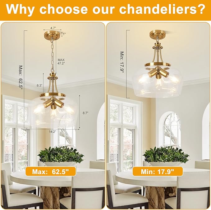 14.2" Modern Pendant Lights Kitchen Island, 3-Light Gold Pendant Light Fixtures with Clear Glass Shade, Industrial Hanging Pendant Lights Fixture for Kitchen Island, Dining Room, Bedroom, Entryway