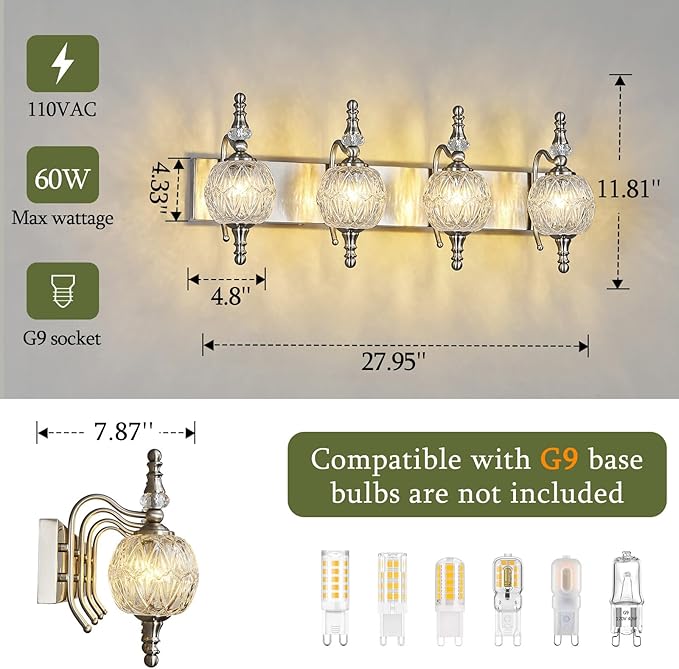Modern Crystal Bathroom Vanity Lights Fixtures Over Mirror Brushed Nickel Vintage 4-Lights 28 Inch Bathroom Light Fixtures Glass Crystal Vanity Lights