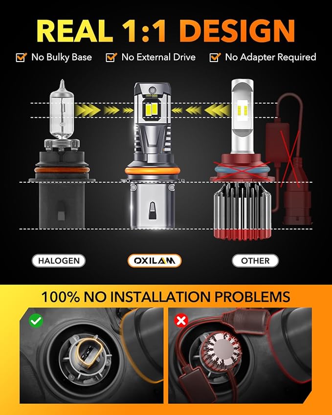 OXILAM 9007 LED Bulbs, 1000% Brighter Ultra-Bright, 3 Min Quick Install, Wireless Plug and Play, 20 Years Lifespan, No Flicker, 99% Compatibility, Pack of 2