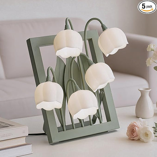 Flower Lamp,Bedside Vintage Table Lamps,5 Lily of The Valley Night Lights,3 Colors Modes Kawaii Bedside Lamp Decor,Cute Desk Lamp for Bedroom,Living Room,Office Home Decor(Green Picture Frame)