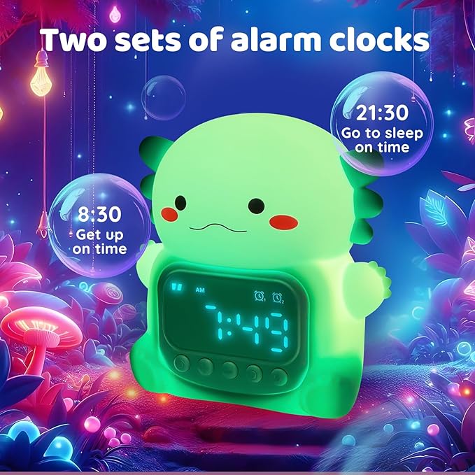 Axolotl Alarm Clock with Night Light for Kids, Rechargeable Silicone Lamp Time to Wake Clock Cute Animal Tabletop Lamp, Perfect Sleep Companion for Boys Girls, Green