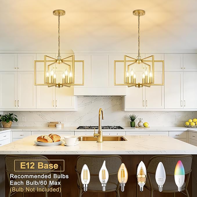 6 Light Gold Chandelier, Dining Room Light Fixture, Modern Farmhouse Industrial Metal Geometric Ceiling Light Rustic Hanging Pendant Lights with E12 base for Kitchen Island Entryway Foyer, Indoor
