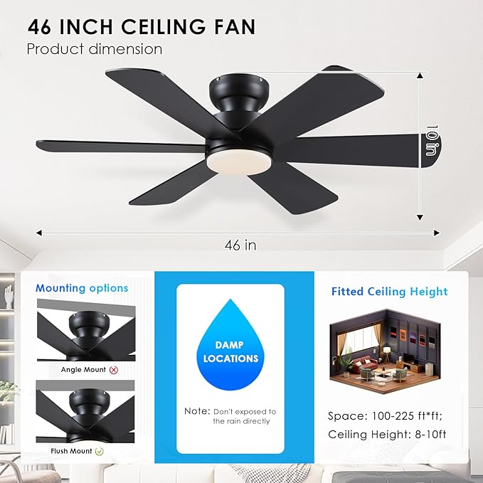 BayDay 46 inch Ceiling Fans with Lights, Black Ceiling Fan with Remote APP, Dual-Sided Modern/Rustic 6 Blades, Reversible, 3CCT, Flush Mount Low Profile Ceiling Fan with Lights Bedroom Kitchen Indoor