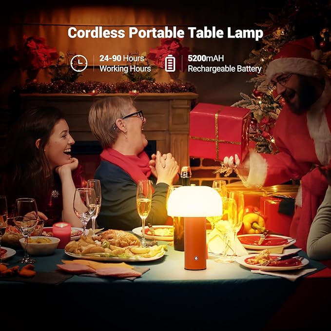 Cordless Mushroom Table Lamp Rechargeable,4000mAH Portable Battery Operated Lamp,3 Color Stepless Dimming Modern Lamps for Bedside Lamps,Touch Dimming Night Light for Home/Restaurant Orange