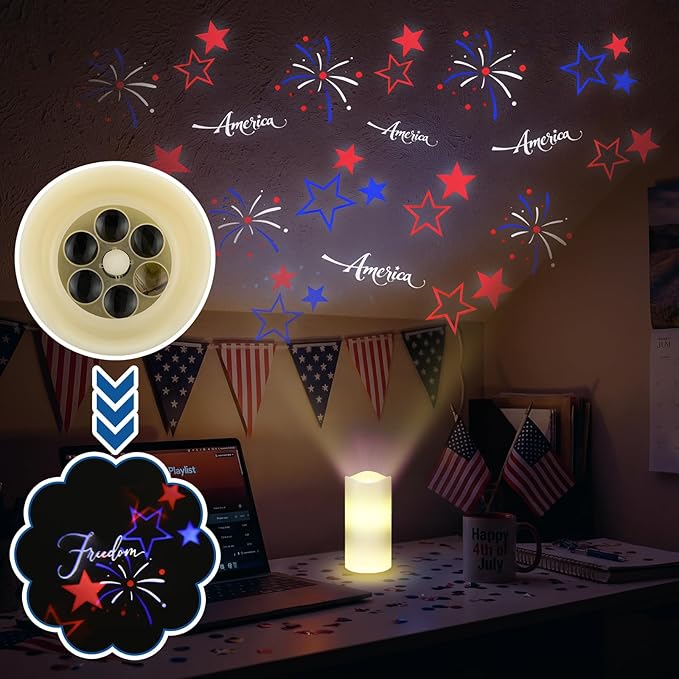 4th of July Flameless Candle Patriotic Projector Light USA 250th Anniversary Decoration LED Candle Battery Operated Night Light with Remote Timer Independence Day Memorial Red White Blue Table Decor