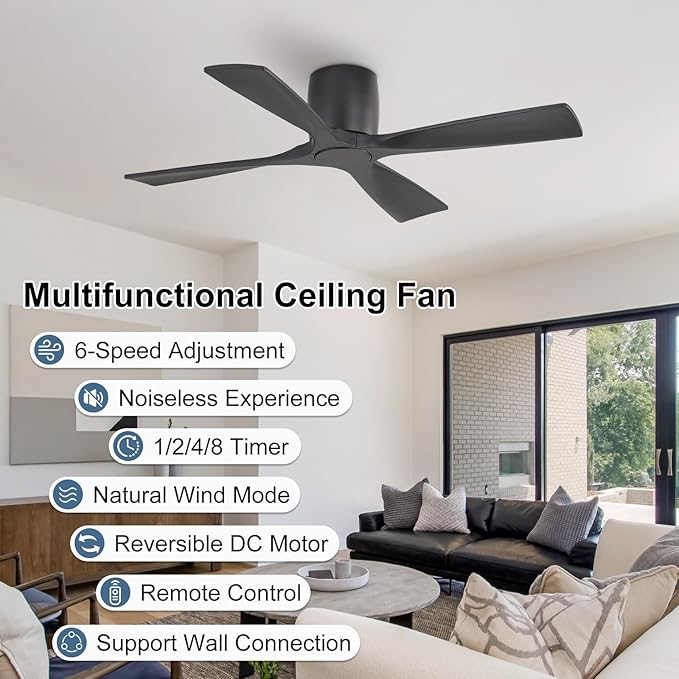 WINGBO Ceiling Fan no Light - 48 inch Solid Wood Flush Mount Ceiling Fan with Remote,4 Reversible Blades, 6-Speed Noiseless Powerful DC Motor, ETL Listed，Black
