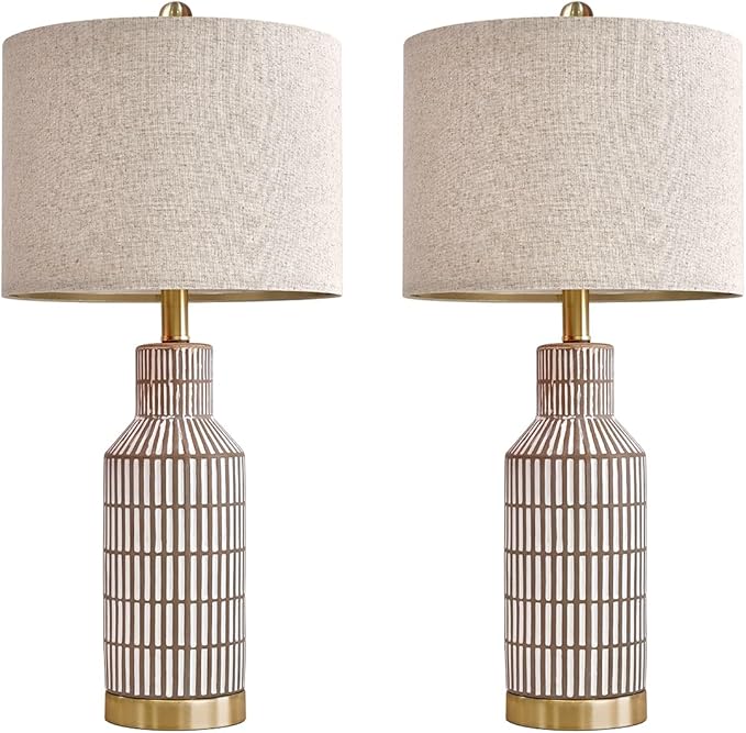 25" Table Lamps Set of 2, Modern Ceramic Bedside Lamps - Farmhouse Brown Nightstand Lamps for Bedroom, Boho Living Room End Table & Office Desk Decor