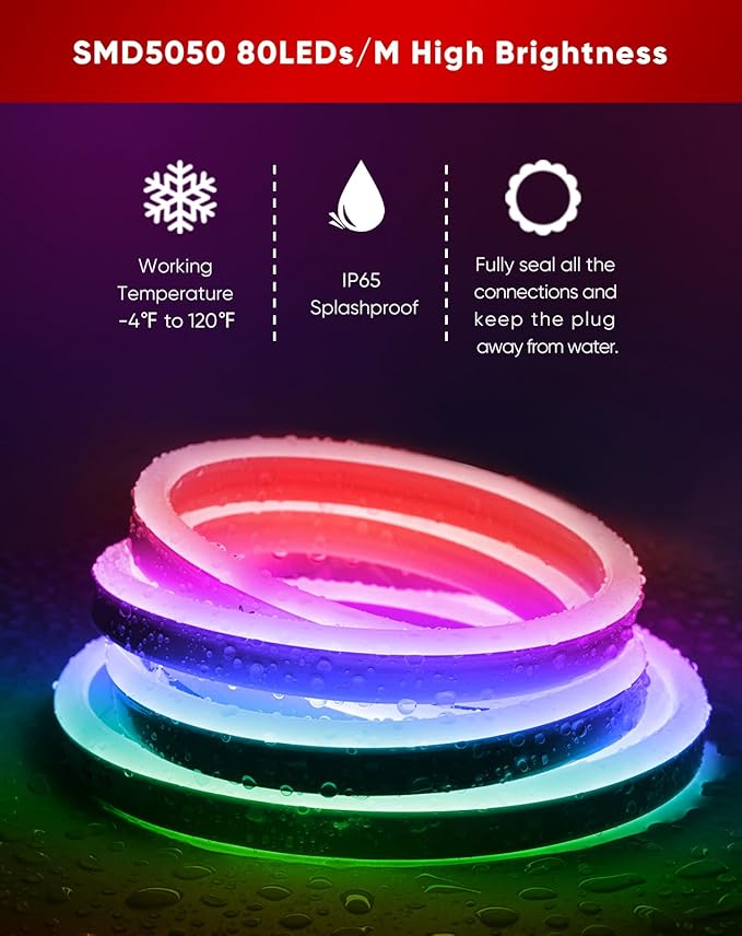 Shine Decor LED RGB Neon Rope Lights AC 120V, Expandable & Cuttable Bright Strip Lighting with Remote, Dimmable Color Changing, ETL Cold-Resistant & IP65 Waterproof for in&Outdoor, 10x20mm, 131.2FT