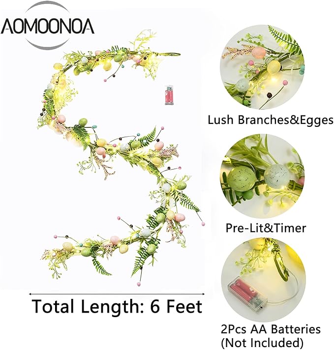 [Timer] 6 FT Lighted Easter Garland, Easter Decorations for Home, Easter Egg Garlands Spring Fireplace Mantel Decor, Spring Garland with 30 LED Warm Light for Home Indoor Decor