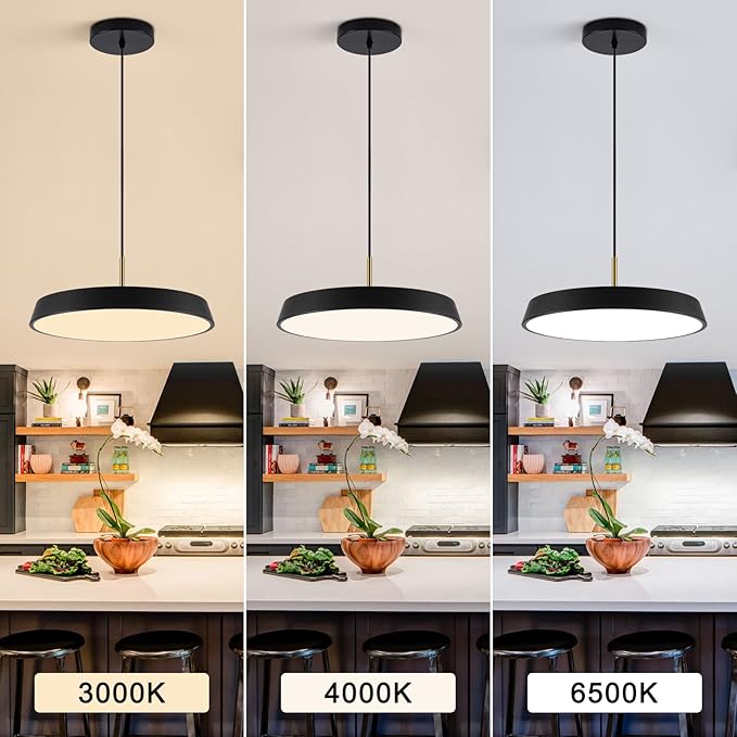 Black Pendant Light Fixtures 16inch,LED Modern Industrial KitchenIsland Hanging Lighting,3 Color Temperature Chandelier Metal Ceiling Light for Bar,Dining Room,Bedroom,Living Room