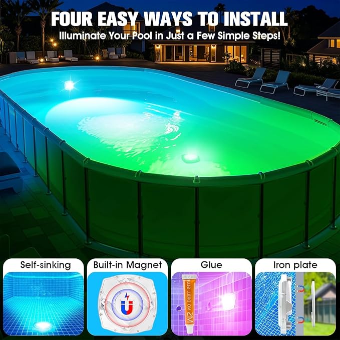 Rechargeable Submersible Pool Lights with Remote, 5000mAh Underwater Led Pool Light for Above Ground Pool Lights Waterproof, 9 Modes Color Changing Magnetic Swimming Inground Pool Lights-1PC