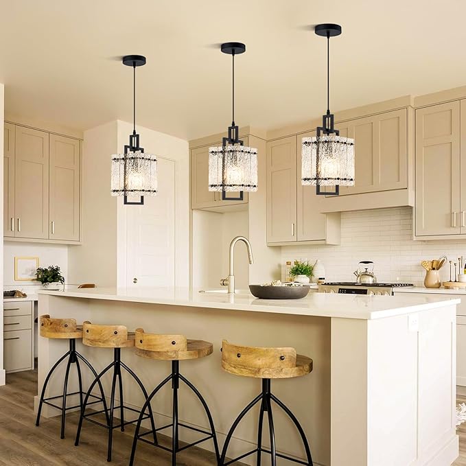 Pendant Lights Kitchen Island,Black Pendant Light Fixtures with Water Ripple Glass, Modern Pendant Lighting for Dining Room