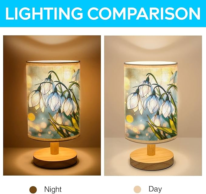 Snowdrop Table Lamp LED 3-Color Pressed Bedside, Snowdrop Shade Lamp with Wood Base for Bedroom Living Room Desk Office TL01