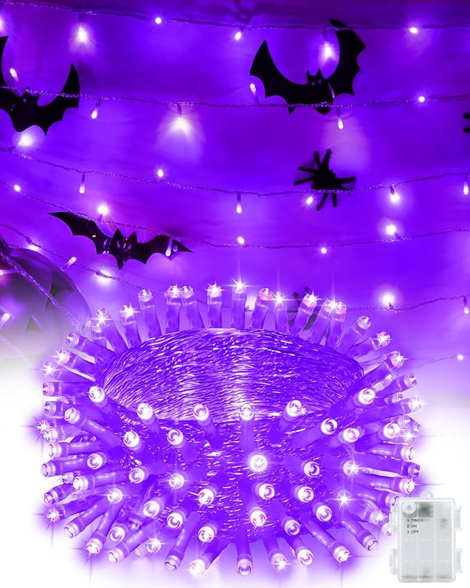 Halloween String Lights Battery Operated, Purple Lights with Timer Waterproof 16.4ft 50 LED Halloween Decorations for Outdoor Indoor Patio Party Garden Yard Decor
