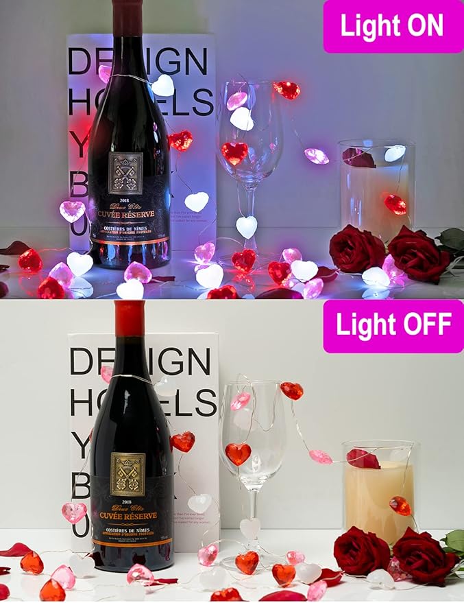 BOHON Valentine Day Decor 10 ft 30 LEDs 3D Heart Lights, Red White Pink Fairy String Lights with Remote Battery Operated, Valentines Decorations for The Home Bedroom Garland Wedding Indoor Timer