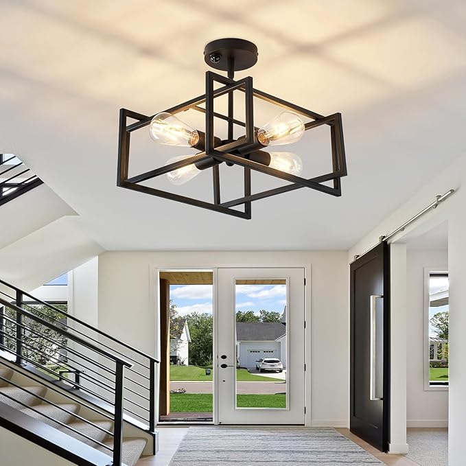 ZGLAOJT Motion Sensor Ceiling Light Fixture 4-Lights Semi Flush Mount Ceiling Light Black Industrial Indoor Chandelier for Kitchen Living Room Bedroom Farmhouse Hallway Foyer