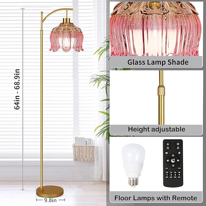 Pink Floor Lamp for Living Room,Bedroom,Gold Dimmable Standing Lamp with Remote,Mid Century Modern Brass Tall Lamp Boho Floor Lamps Arc Stained Glass Flower Floor Light Lamp Girls kids Bohemian